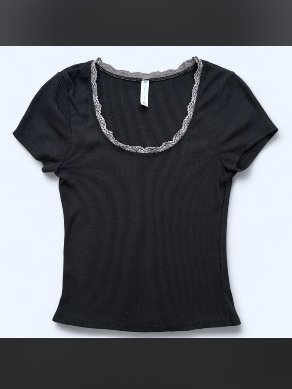7 DAY • WKND Black lace trim shirt with gray lace trim scoop neck